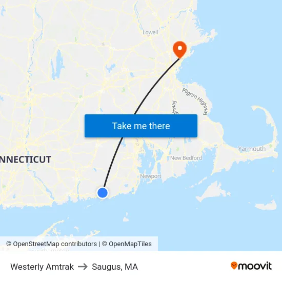 Westerly Amtrak to Saugus, MA map