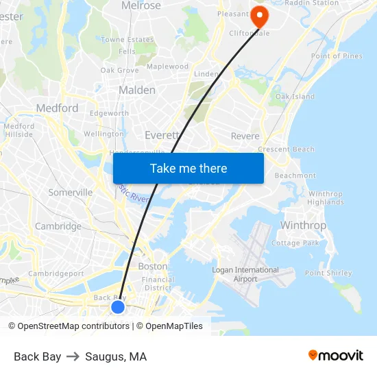 Back Bay to Saugus, MA map