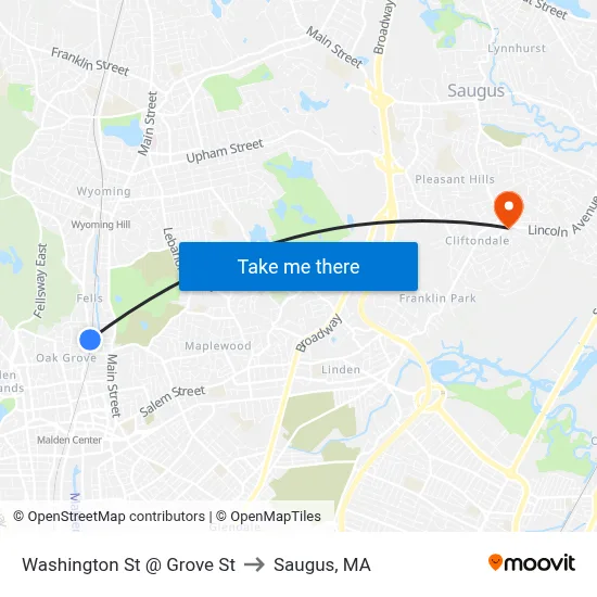 Washington St @ Grove St to Saugus, MA map