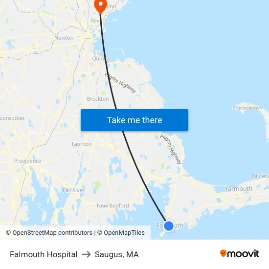 Falmouth Hospital to Saugus, MA map