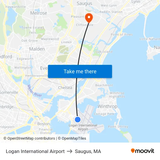 Logan International Airport to Saugus, MA map