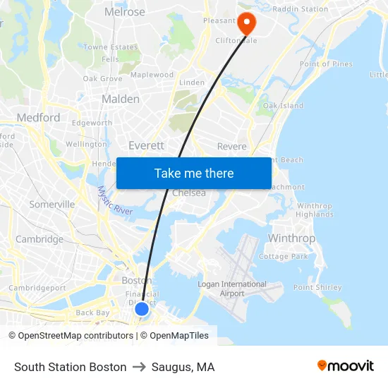 South Station Boston to Saugus, MA map