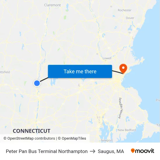 Peter Pan Bus Terminal Northampton to Saugus, MA map