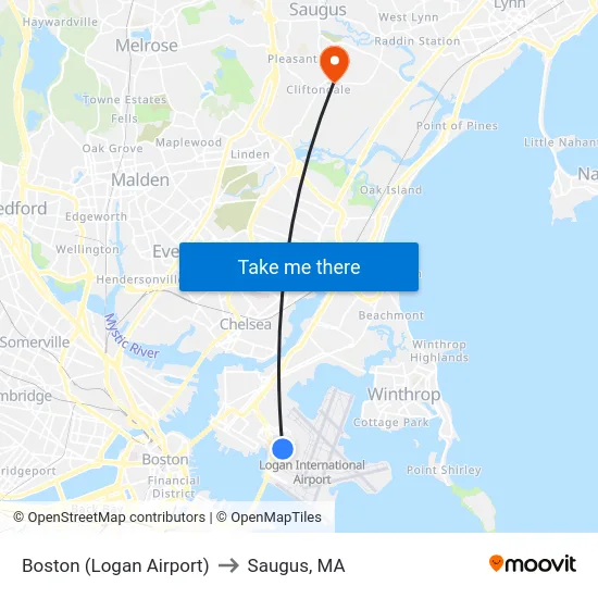 Boston (Logan Airport) to Saugus, MA map