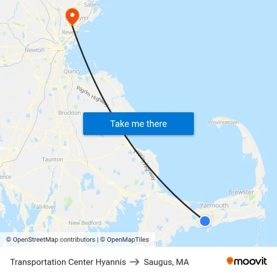 Transportation Center Hyannis to Saugus, MA map