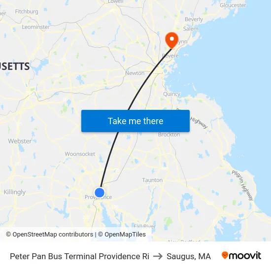 Peter Pan Bus Terminal Providence Ri to Saugus, MA map