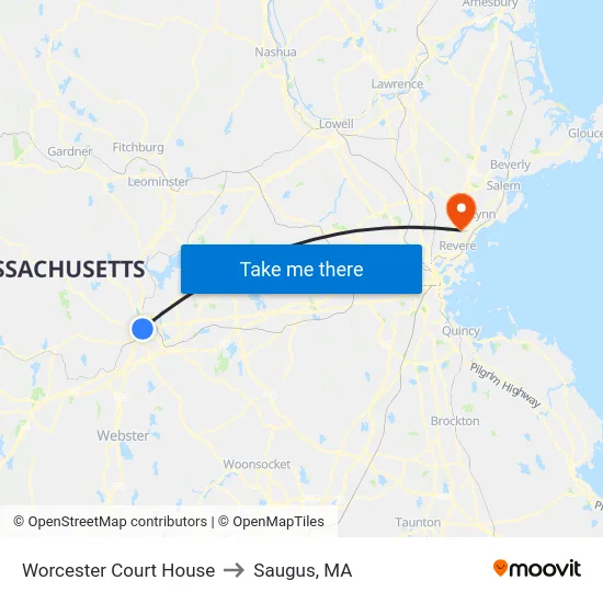 Worcester Court House to Saugus, MA map
