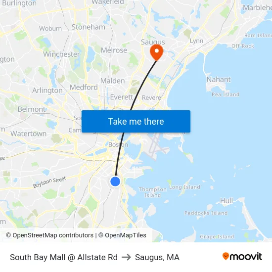 South Bay Mall @ Allstate Rd to Saugus, MA map
