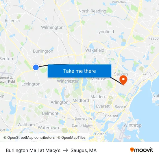 Burlington Mall at Macy's to Saugus, MA map