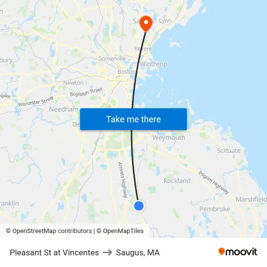 Pleasant St at Vincentes to Saugus, MA map