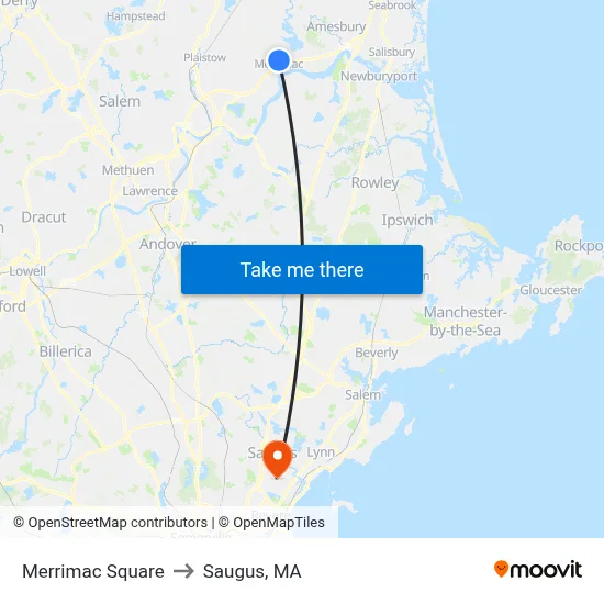 Merrimac Square to Saugus, MA map