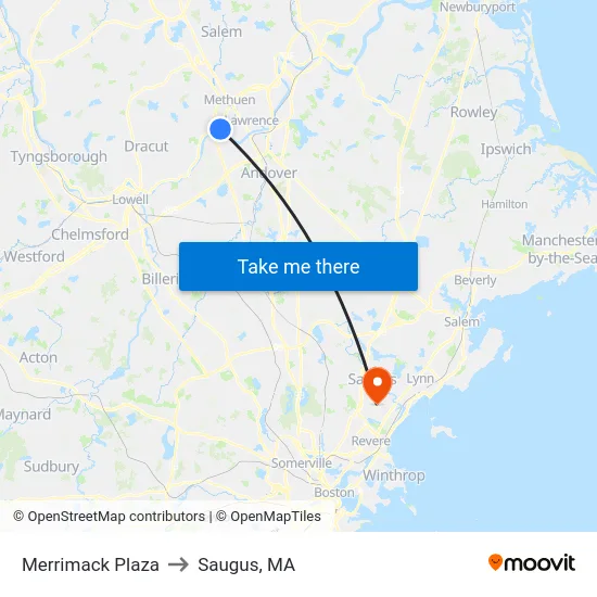Merrimack Plaza to Saugus, MA map