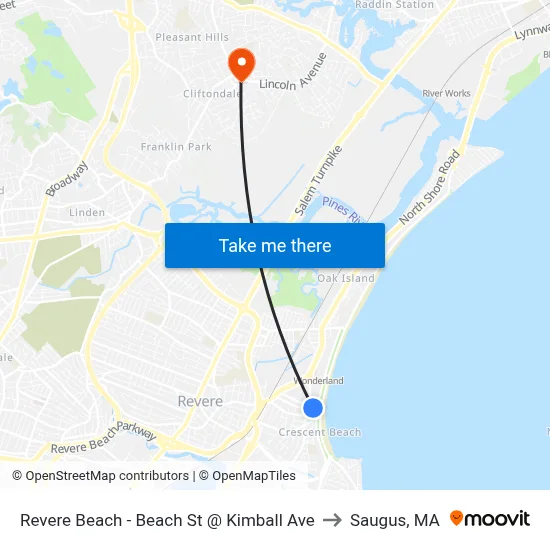 Revere Beach - Beach St @ Kimball Ave to Saugus, MA map