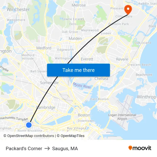 Packard's Corner to Saugus, MA map