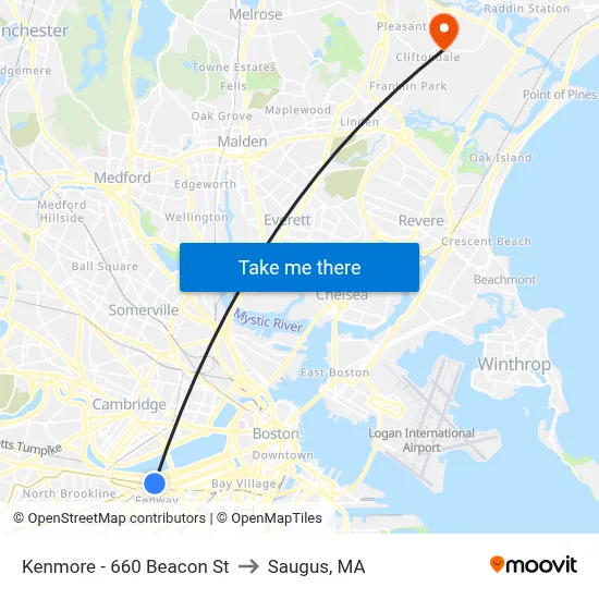 Kenmore - 660 Beacon St to Saugus, MA map