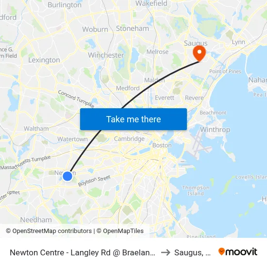 Newton Centre - Langley Rd @ Braeland Ave to Saugus, MA map