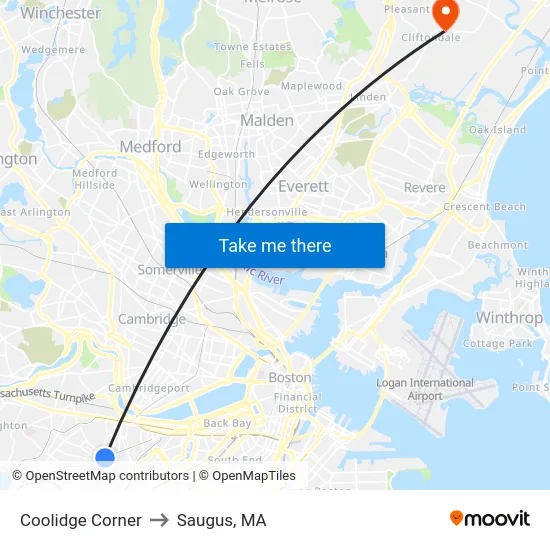 Coolidge Corner to Saugus, MA map