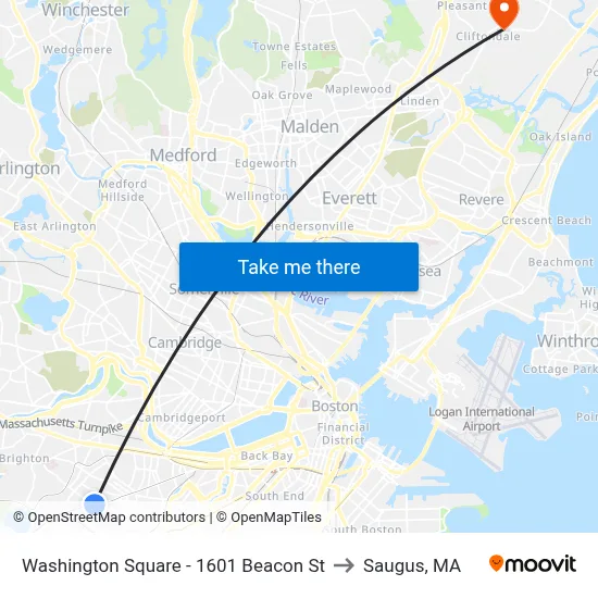 Washington Square - 1601 Beacon St to Saugus, MA map