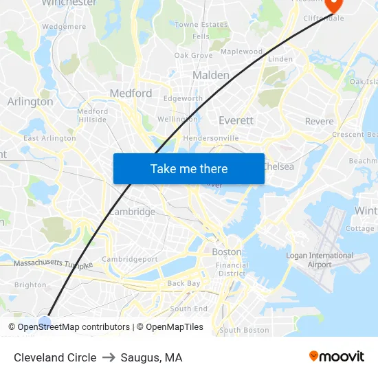 Cleveland Circle to Saugus, MA map