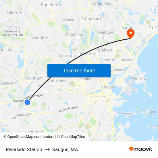 Riverside Station to Saugus, MA map