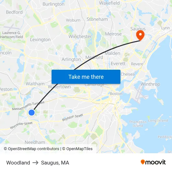 Woodland to Saugus, MA map
