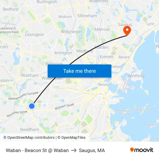 Waban - Beacon St @ Waban to Saugus, MA map