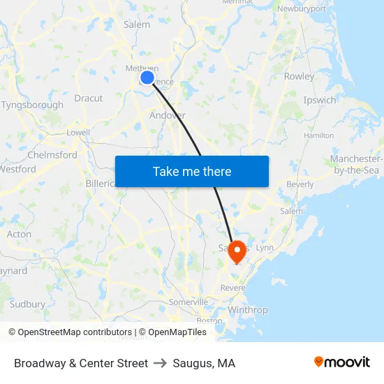 Broadway & Center Street to Saugus, MA map