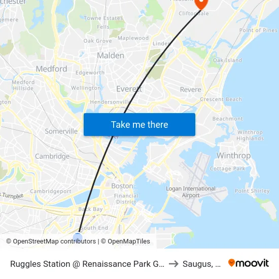 Ruggles Station @ Renaissance Park Garage to Saugus, MA map