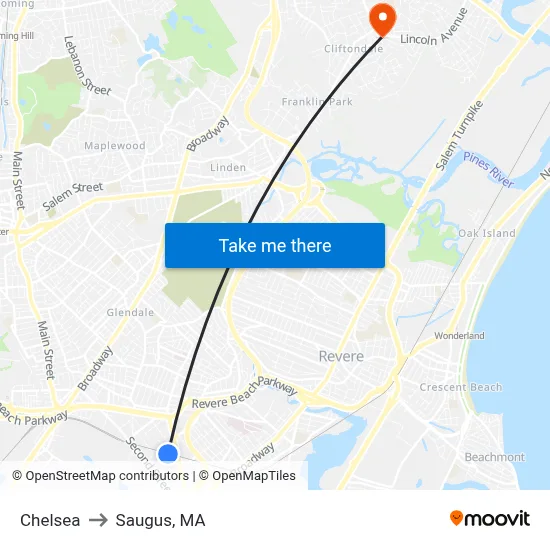 Chelsea to Saugus, MA map