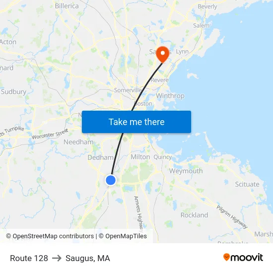 Route 128 to Saugus, MA map