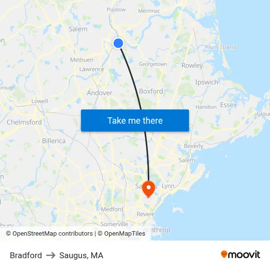 Bradford to Saugus, MA map