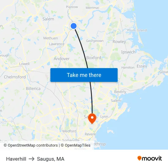 Haverhill to Saugus, MA map