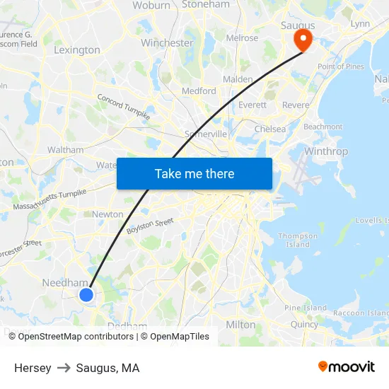 Hersey to Saugus, MA map