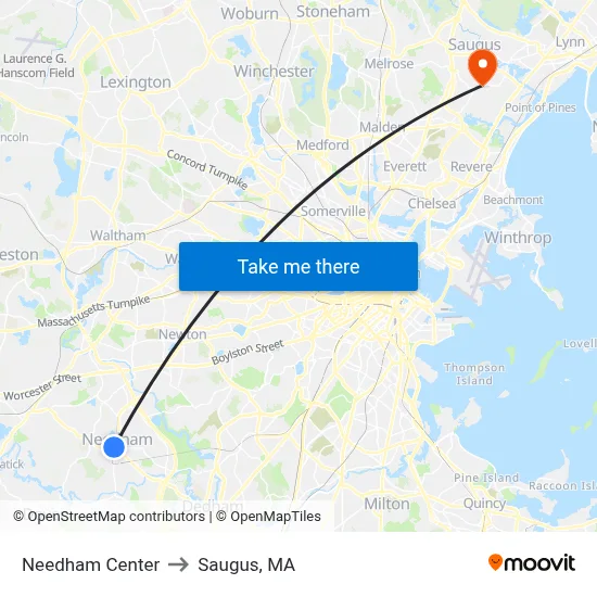 Needham Center to Saugus, MA map