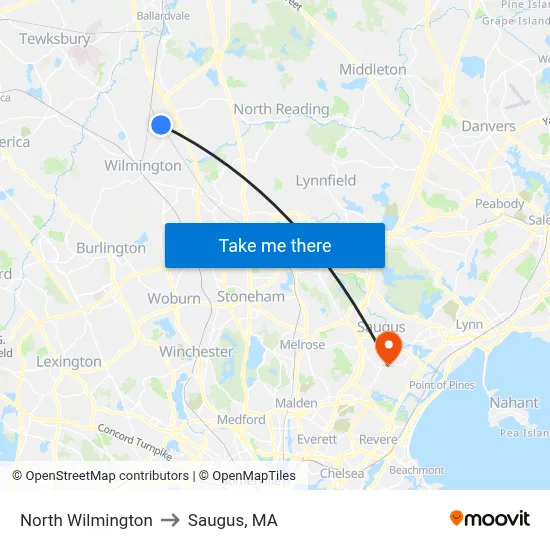 North Wilmington to Saugus, MA map