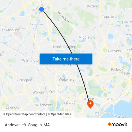 Andover to Saugus, MA map
