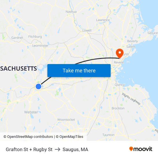 Grafton St + Rugby St to Saugus, MA map