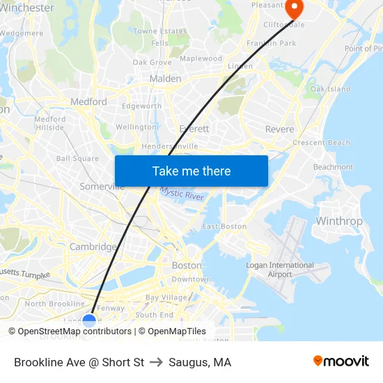 Brookline Ave @ Short St to Saugus, MA map
