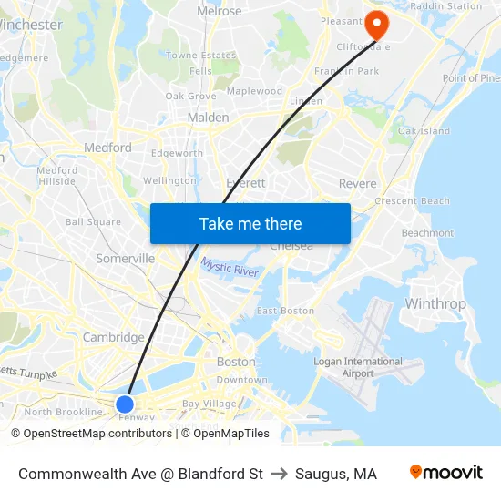 Commonwealth Ave @ Blandford St to Saugus, MA map