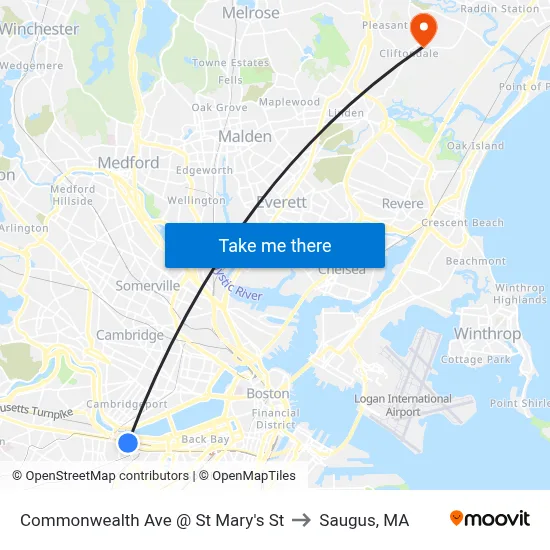 Commonwealth Ave @ St Mary's St to Saugus, MA map