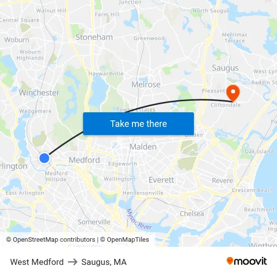 West Medford to Saugus, MA map
