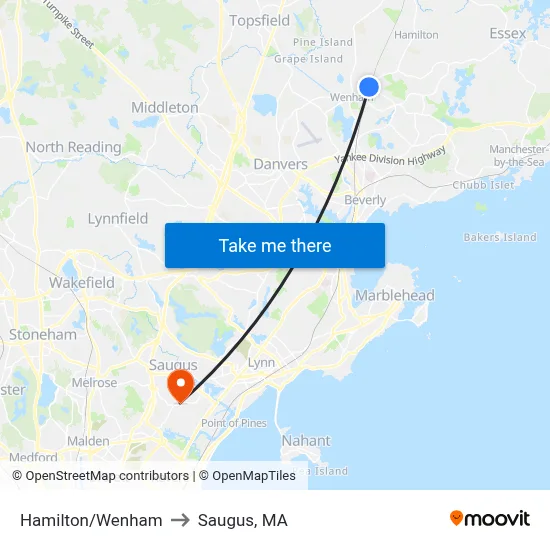 Hamilton/Wenham to Saugus, MA map