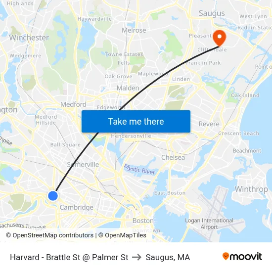 Harvard - Brattle St @ Palmer St to Saugus, MA map