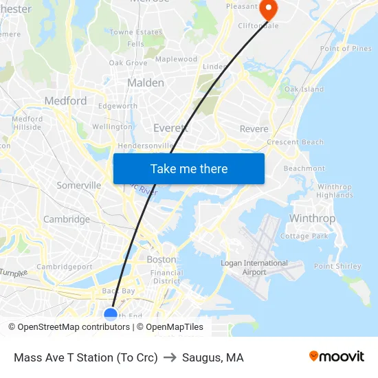 Mass Ave T Station (To Crc) to Saugus, MA map