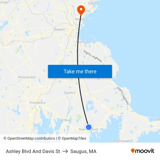 Ashley Blvd And Davis St to Saugus, MA map