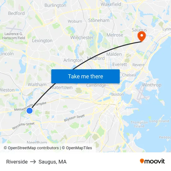 Riverside to Saugus, MA map