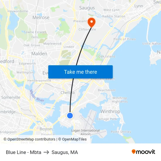 Blue Line - Mbta to Saugus, MA map