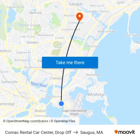 Conrac Rental Car Center, Drop Off to Saugus, MA map