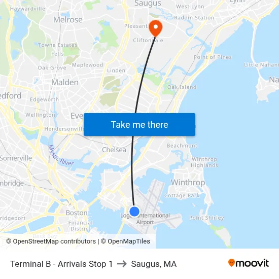 Terminal B - Arrivals Stop 1 to Saugus, MA map