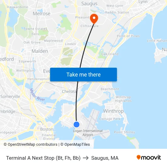 Terminal A Next Stop (Bt, Fh, Bb) to Saugus, MA map